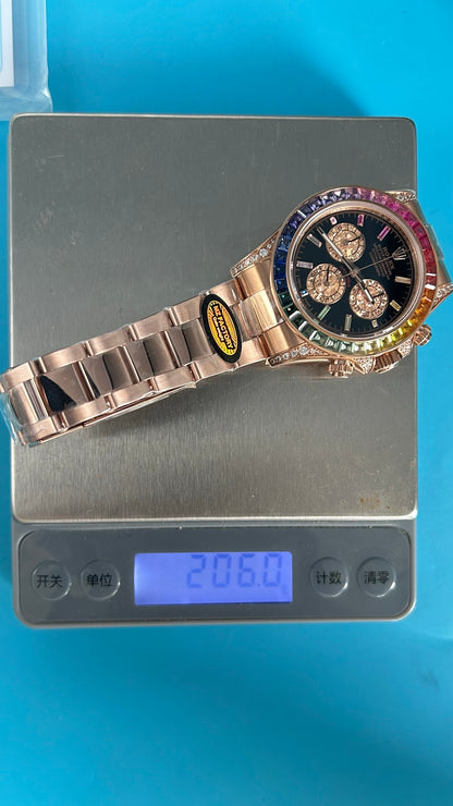 Rolex Daytona 'Arcobaleno' MZ SUPER CLONE Oro Rosa Quadrante Nero Lunetta Zaffiro