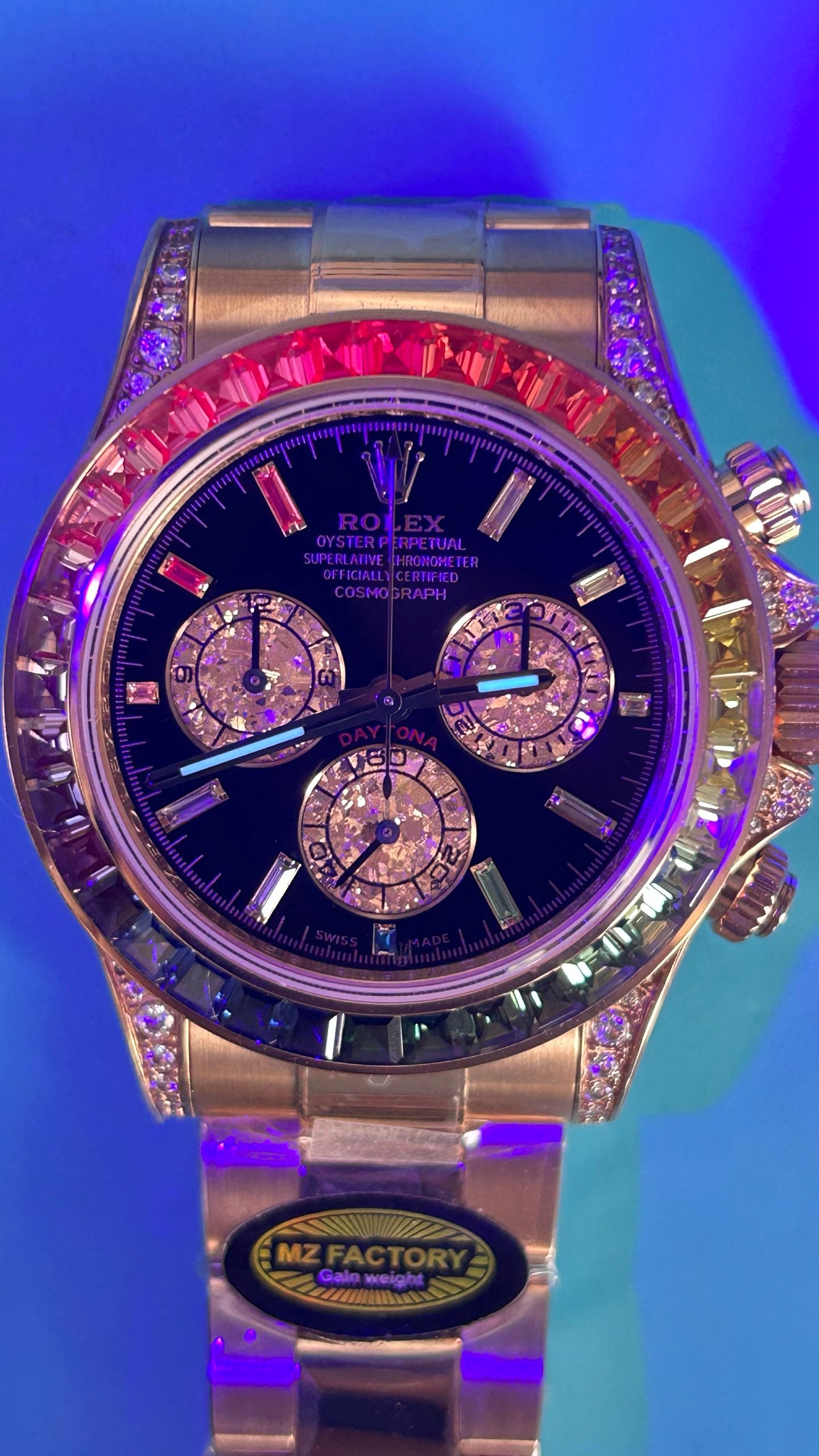 Rolex Daytona 'Arcobaleno' MZ SUPER CLONE Oro Rosa Quadrante Nero Lunetta Zaffiro
