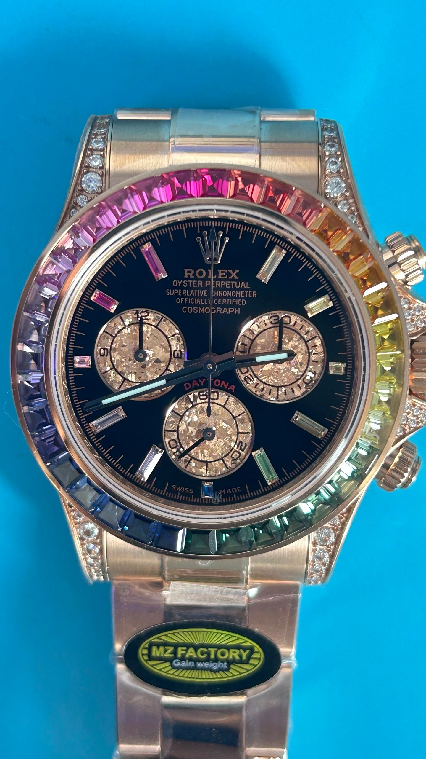 Rolex Daytona 'Arcobaleno' MZ SUPER CLONE Oro Rosa Quadrante Nero Lunetta Zaffiro