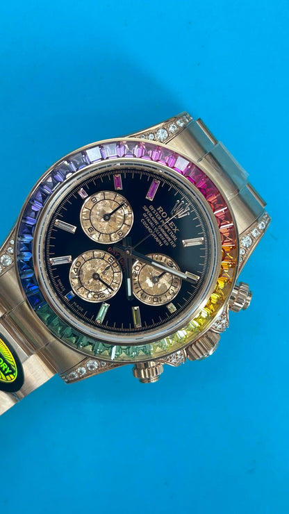 Rolex Daytona 'Arcobaleno' MZ SUPER CLONE Oro Rosa Quadrante Nero Lunetta Zaffiro