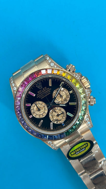 Rolex Daytona 'Arcobaleno' MZ SUPER CLONE Oro Rosa Quadrante Nero Lunetta Zaffiro